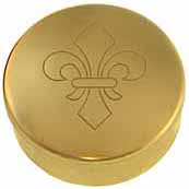 Cap Box, 1-3/4" diameter, embossed with "fleur-de-lis" engraving,  polished brass, made in the U.S.A.